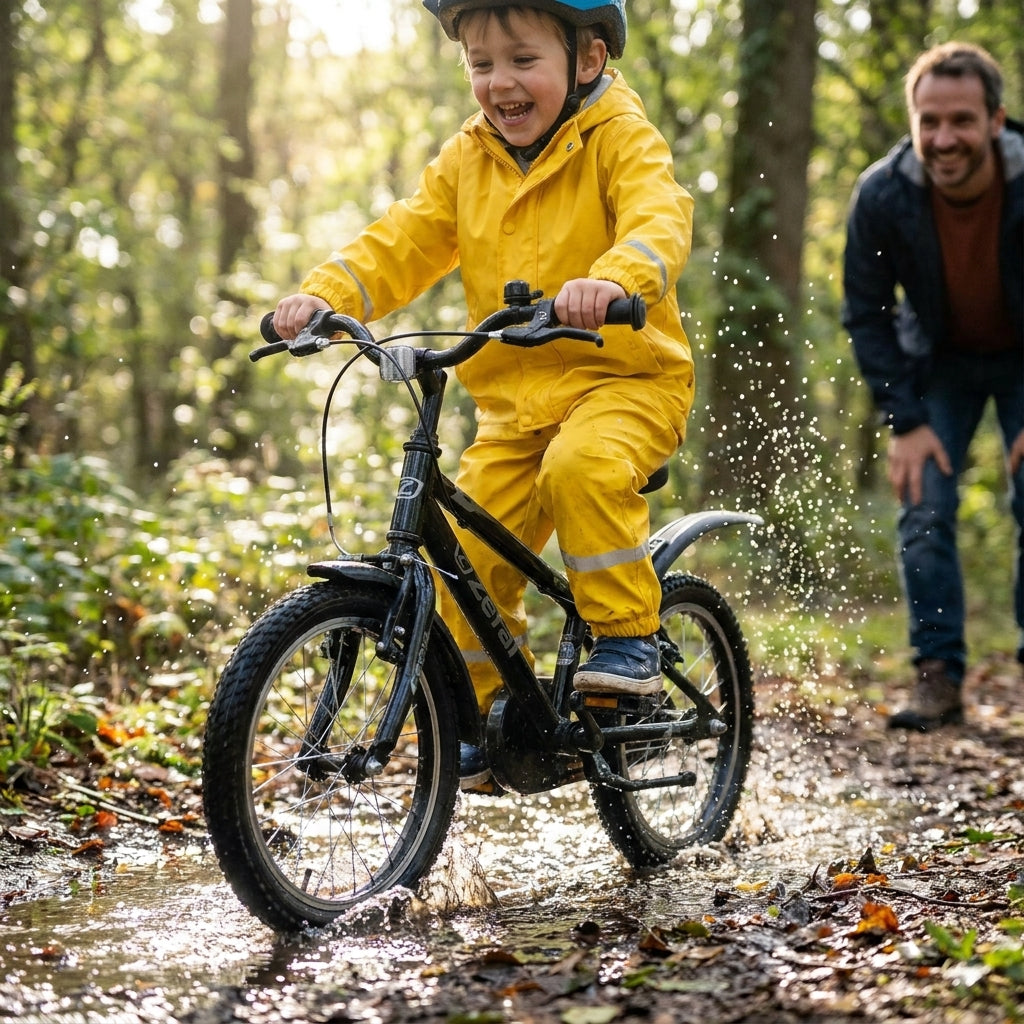 Lachendes Kind auf Fahrrad mit Zéfal Steckblech Set schwarz 16/20 Zoll spritzt durch Pfütze.