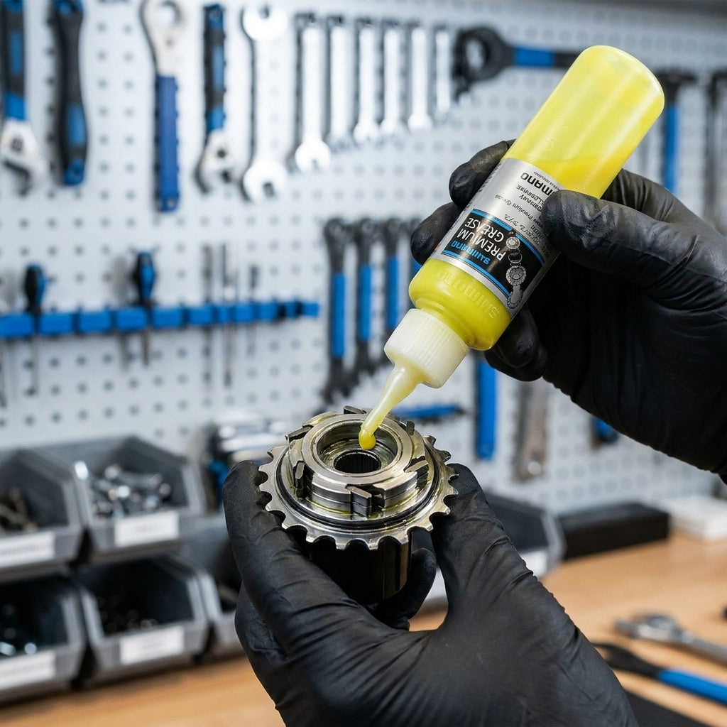SHIMANO Premium Spezialfett 100 g wird von Händen auf eine Fahrradkomponente in der Werkstatt aufgetragen.