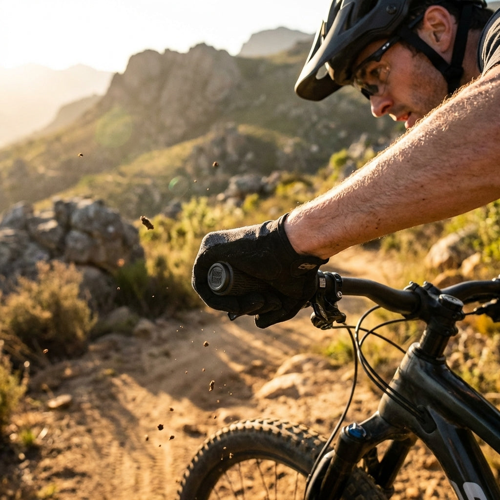 RockShox TwistLoc Ultimate Remote am linken MTB-Griff. Fahrer auf staubigem Trail steuert Federung präzise.