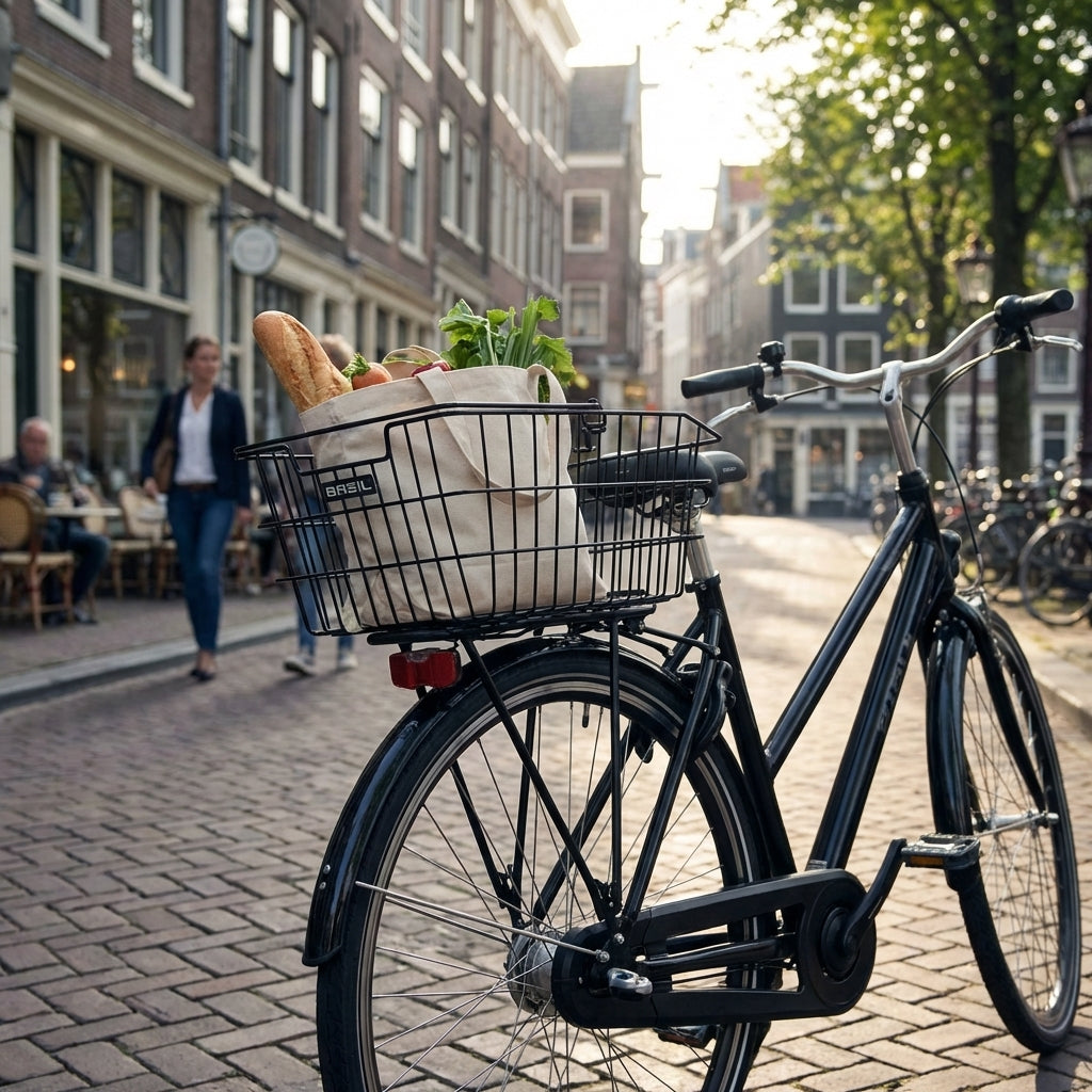 Schwarzer Basil Hinterradkorb Cairo am Fahrrad mit Einkauf auf Kopfsteinpflaster in der Stadt.