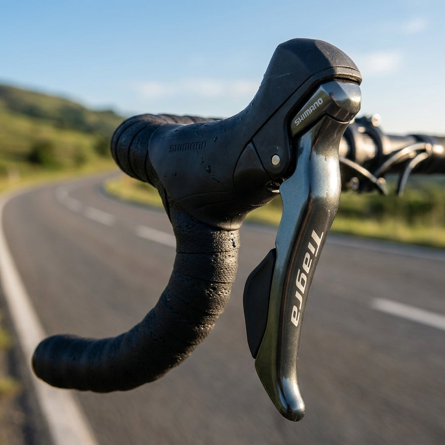 Shimano Tiagra BL-4700 Rennrad Bremshebel rechts am Lenker mit Straße im Hintergrund.