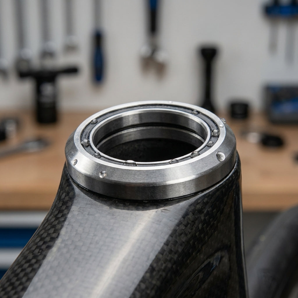 XLC Steuersatzlager BB-C01 1.5" in Carbon-Fahrradrahmen eingebaut. Detailansicht des Lagers mit Tropfen in Werkstatt.