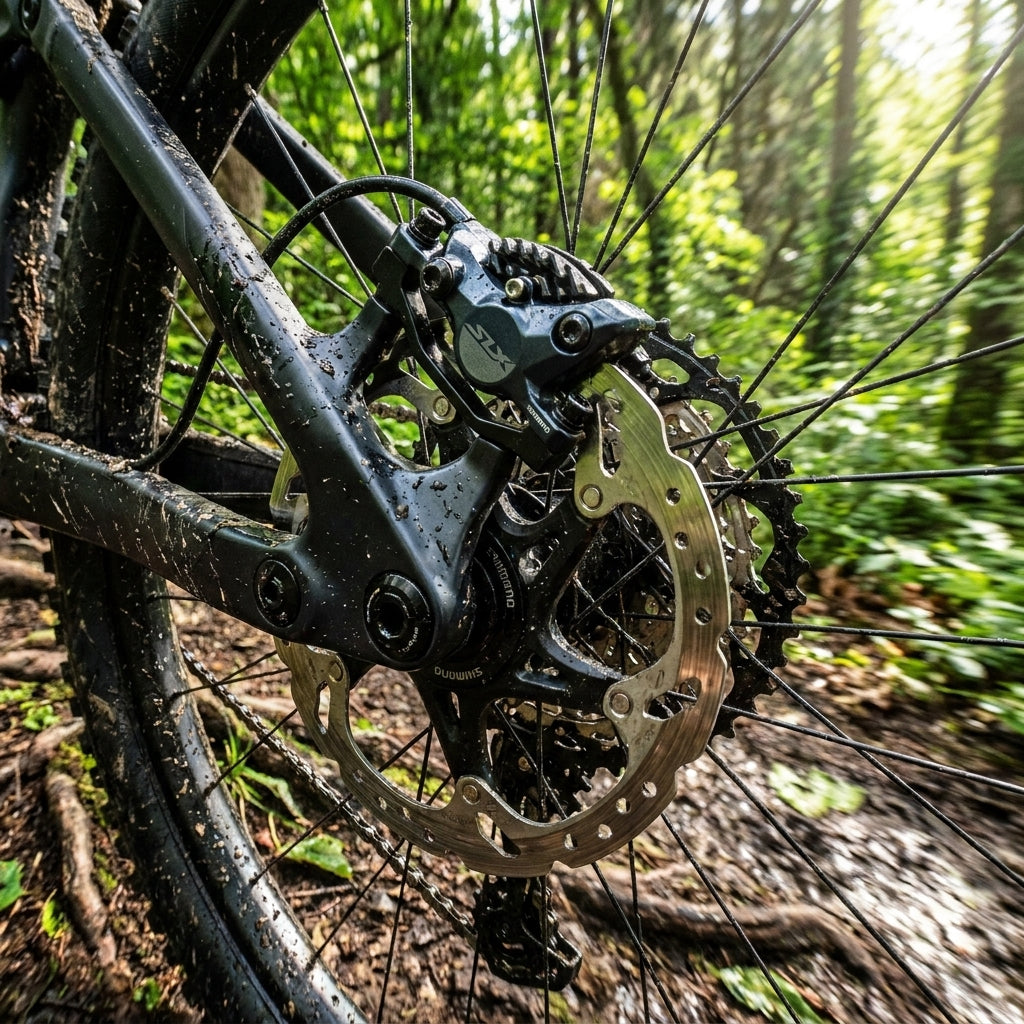 Matschige SHIMANO SLX M7100 hydraulische Scheibenbremse am Hinterrad eines Mountainbikes im Wald.