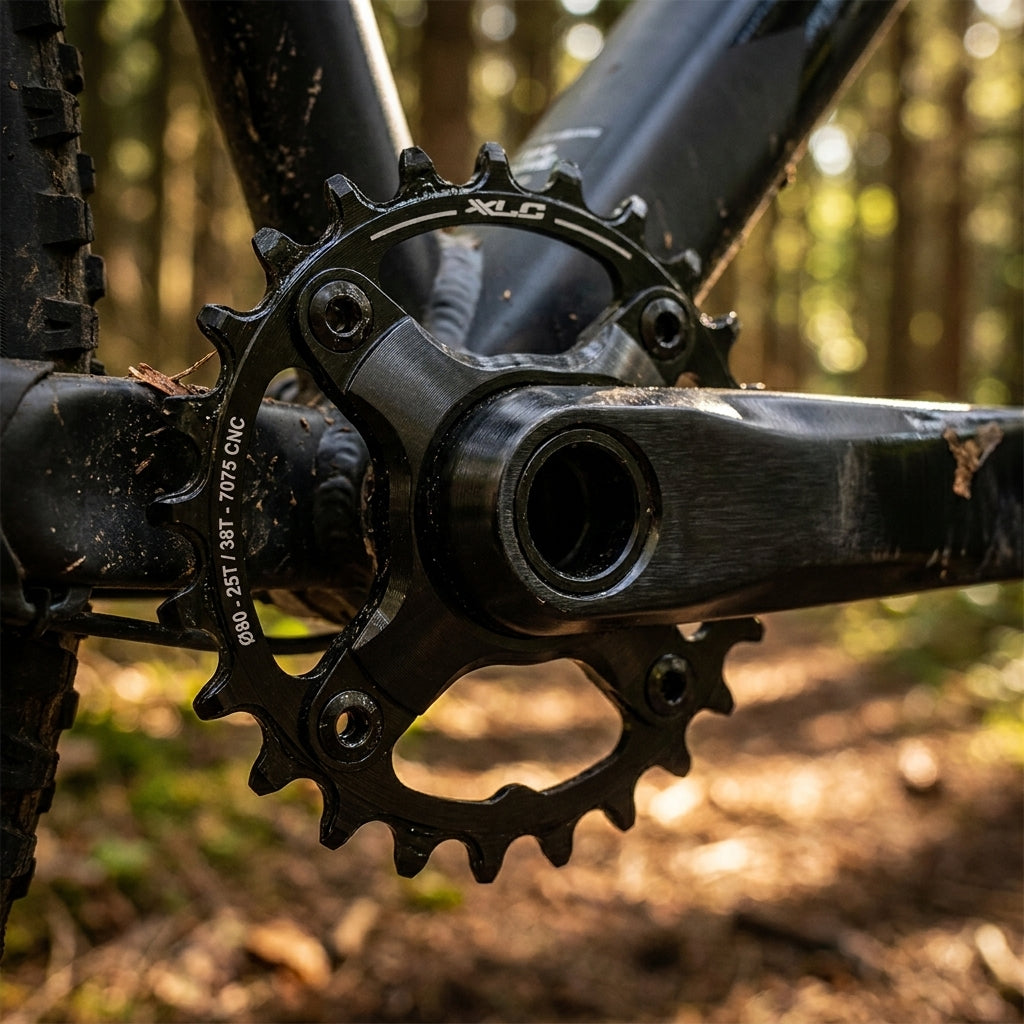 XLC Kettenblatt CR-A22 Sram 2x10 speed Ø80mm 25 Zähne am schmutzigen Mountainbike im Wald.