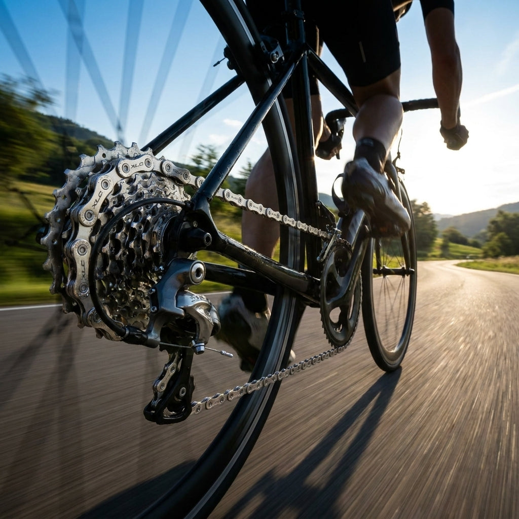 XLC 11-fach silberne Fahrradkette CC-C04 am Rennrad in Fahrt, Detailaufnahme der Kassette.