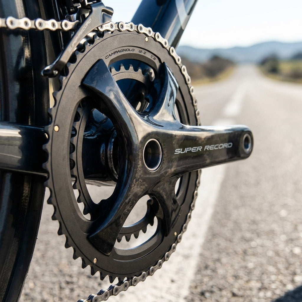 Campagnolo Super Record 12s Kettenblatt 52z und Kurbel am schwarzen Rennrad auf einer Straße.