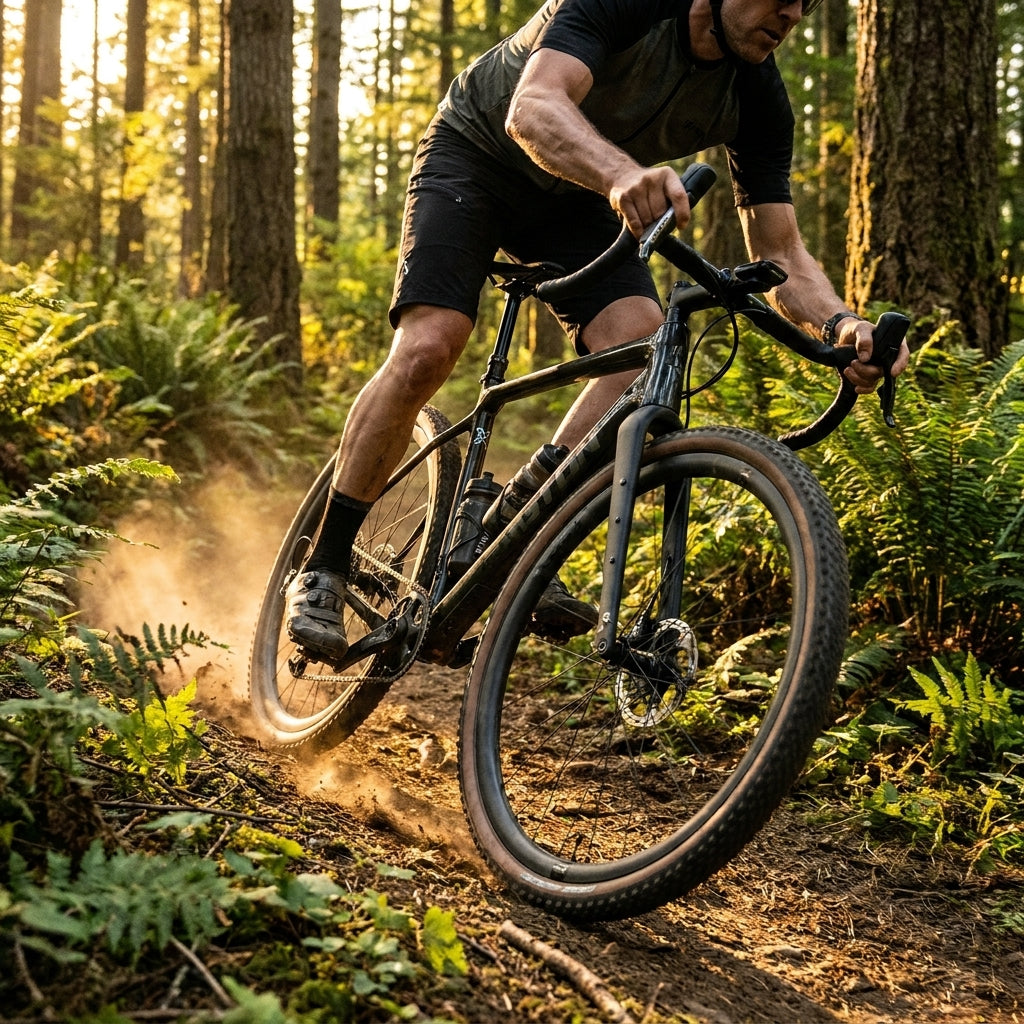 Dynamischer Gravelbike-Fahrer mit Easton EA90 AX Dropper-Sattelstütze meistert staubigen Waldweg mit Kontrolle.