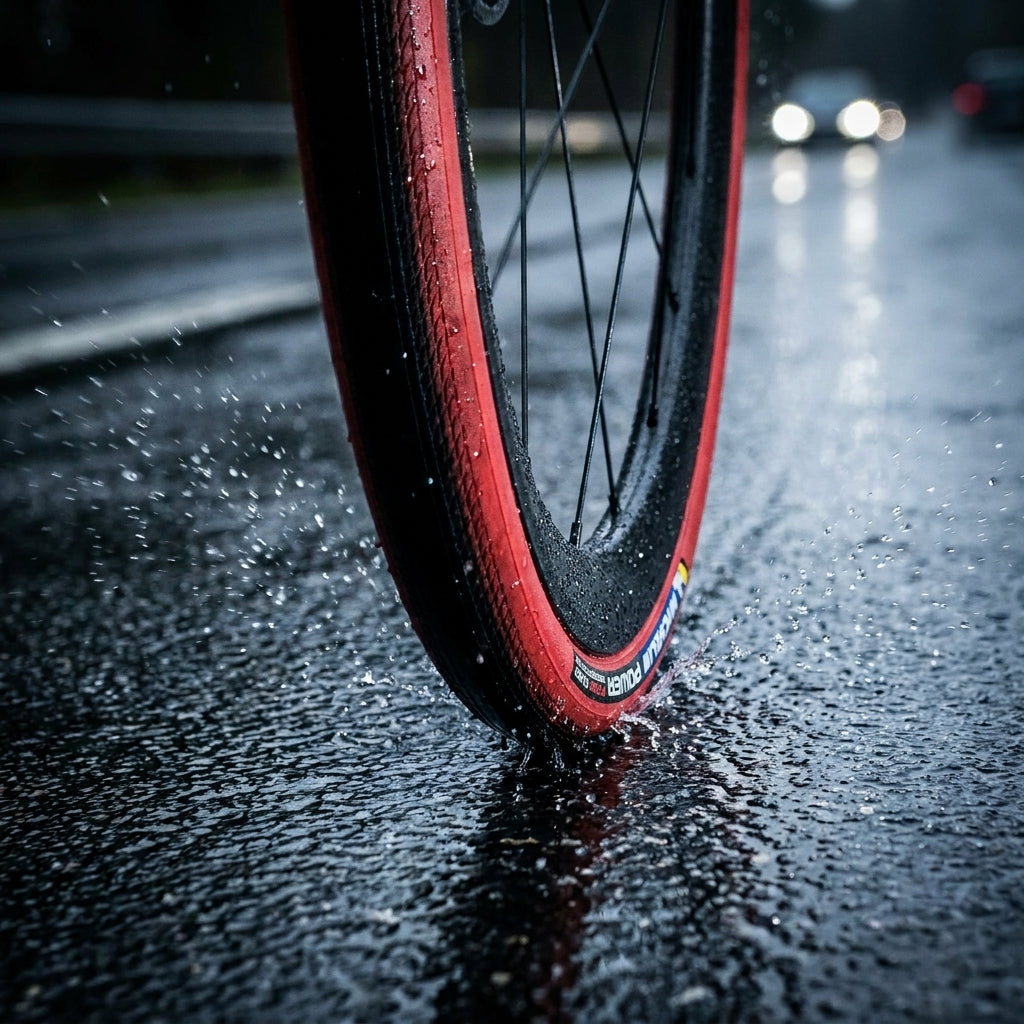 Michelin Power Protection Comp MAGI-X 30 roter Faltreifen fährt durch Wasser, zeigt Grip und Pannenschutz.