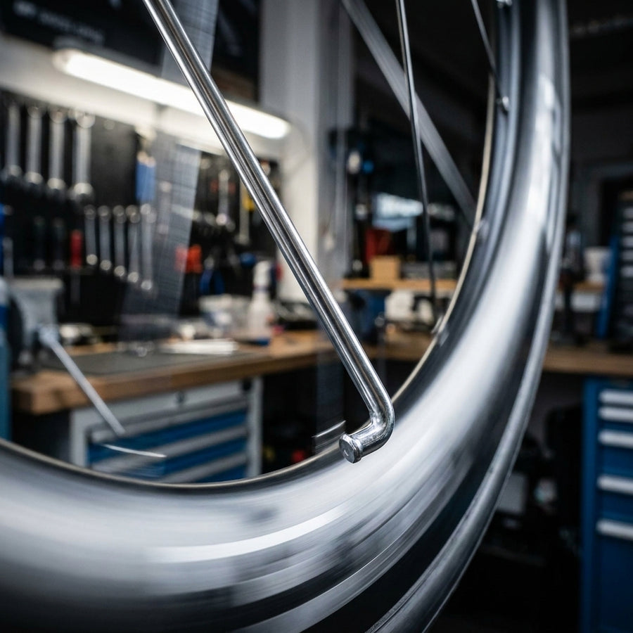 DT Swiss Speiche Competition silber am drehenden Laufrad, Detail einer robusten Allround-Fahrradspeiche in Werkstatt.