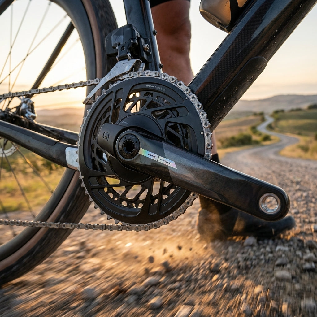 SRAM Force AXS Powermeter Kurbel 33/46Z 175mm DUB am Gravelbike auf Schotterweg bei Sonnenuntergang.