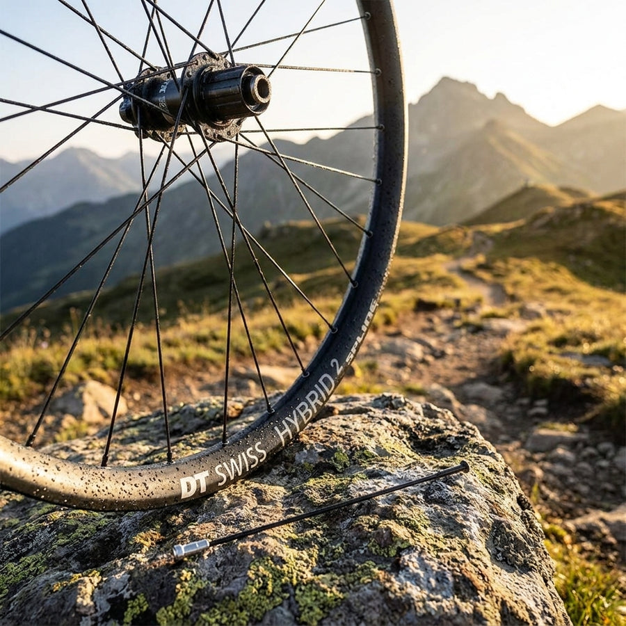 DT Swiss Speichenkit HX 1501 SPLINE 27,5/29 schwarz, mit Laufrad und Speiche vor Bergpanorama.