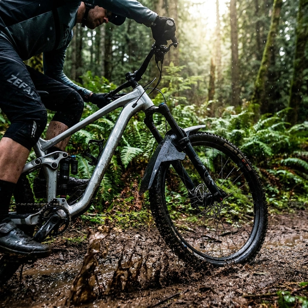 Mountainbiker fährt mit Zéfal Spritzschutz Deflector Lite Front schwarz durch Matsch im Wald.