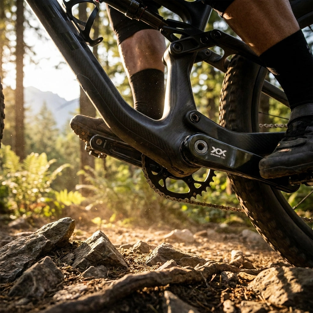 SRAM XX Kurbelarme am Mountainbike auf sonnigem Waldweg. Präzise Performance für moderne Antriebe.