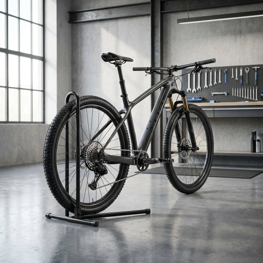 XLC Fahrrad Abstellständer VS-F09 für 1 Fahrrad, schwarz, mit Mountainbike in moderner Werkstatt.