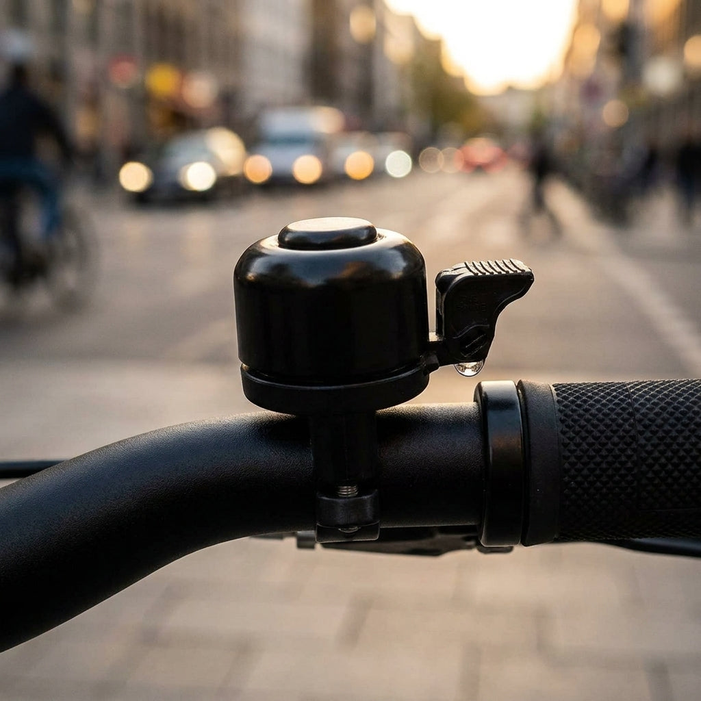 NG Sports Mirchee Fahrradklingel schwarz am Lenker, Stadtstraße und Lichter im unscharfen Hintergrund.