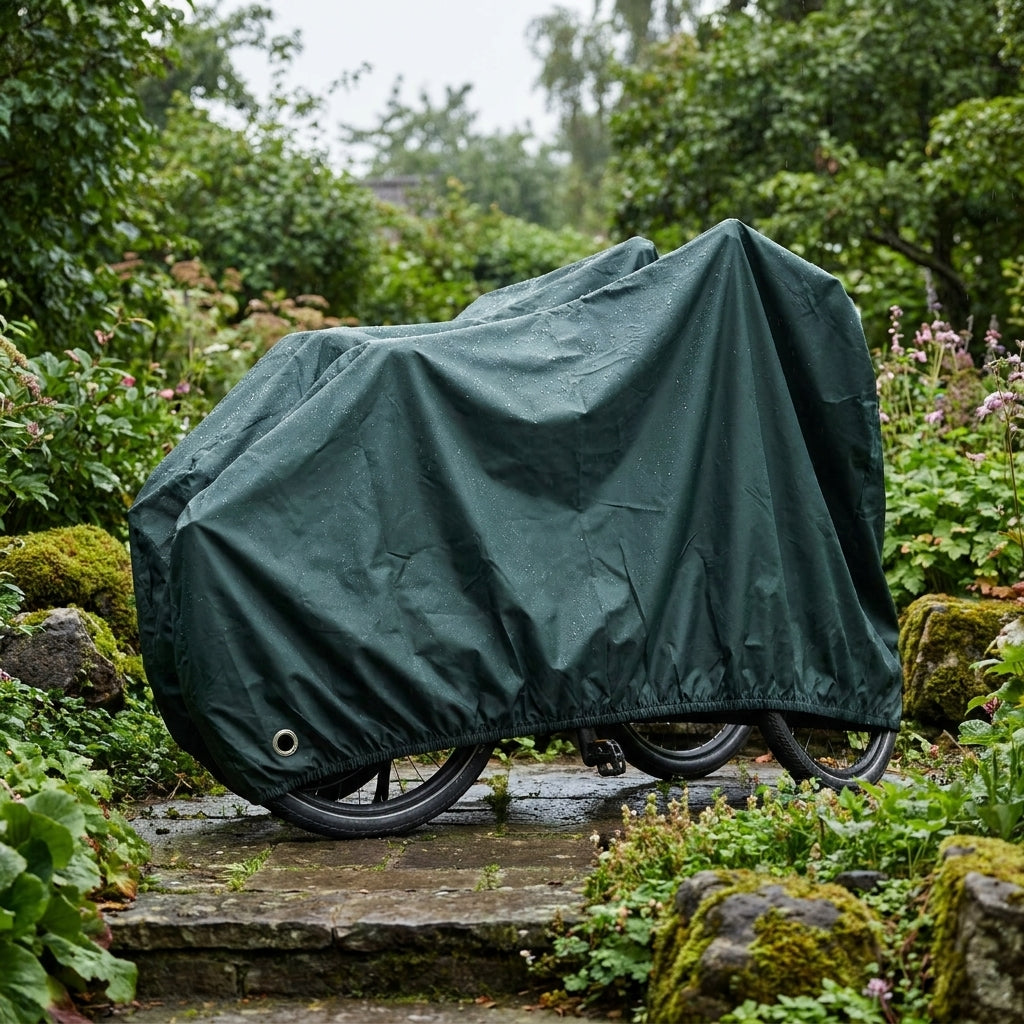 VK Fahrradschutzhülle Re-Cover Duo waldgrün für 2 E-Bikes. Nachhaltiger Wetter- und Diebstahlschutz aus Recycling-Polyester.