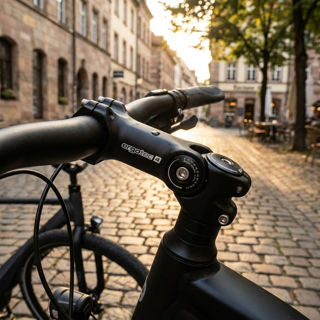 Ergotec Octopus 2 Vorbau schwarz Level 4 am Fahrrad, winkelverstellbar mit 31,8mm Lenkerklemmung.