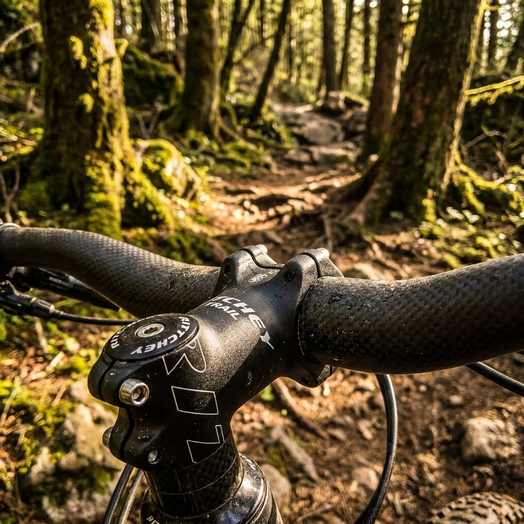 Ritchey COMP Trail Vorbau 35mm Blatte-Schwarz am Mountainbike auf Waldweg.