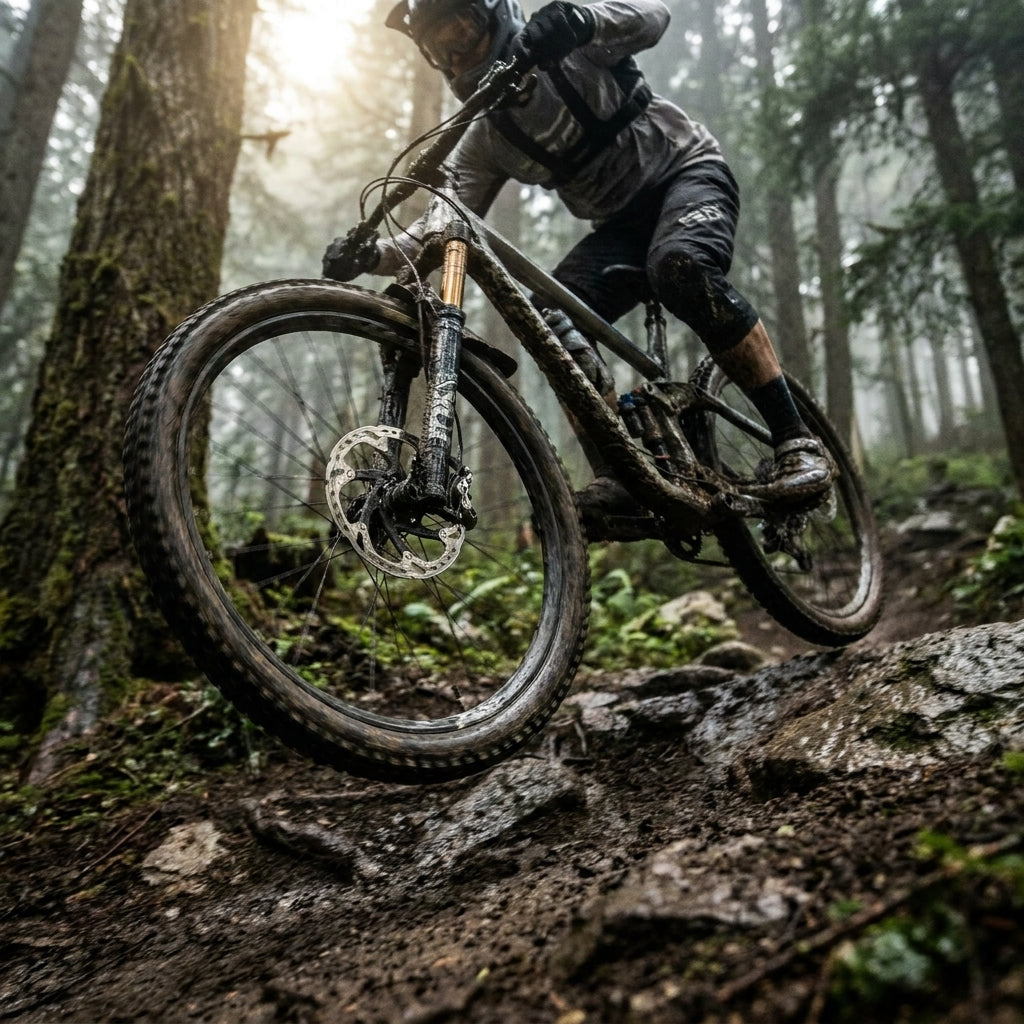 SHIMANO G04S-MX Sinter Scheibenbremsbeläge am MTB in Aktion auf schlammigem Waldtrail – perfekt für robuste Einsätze.