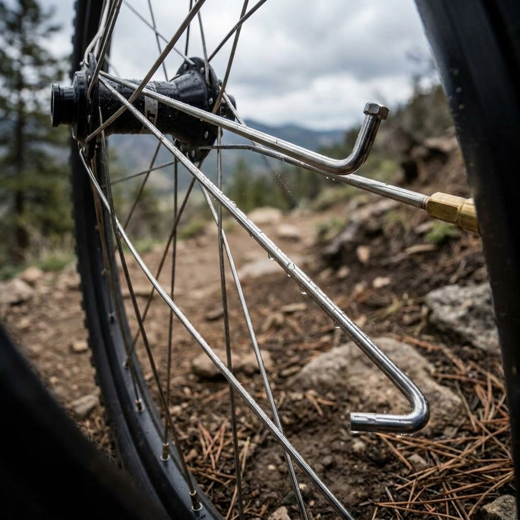 Robuste silberne DT Swiss Champion 2.0 Speiche an einem MTB-Rad auf einem nassen Waldweg.