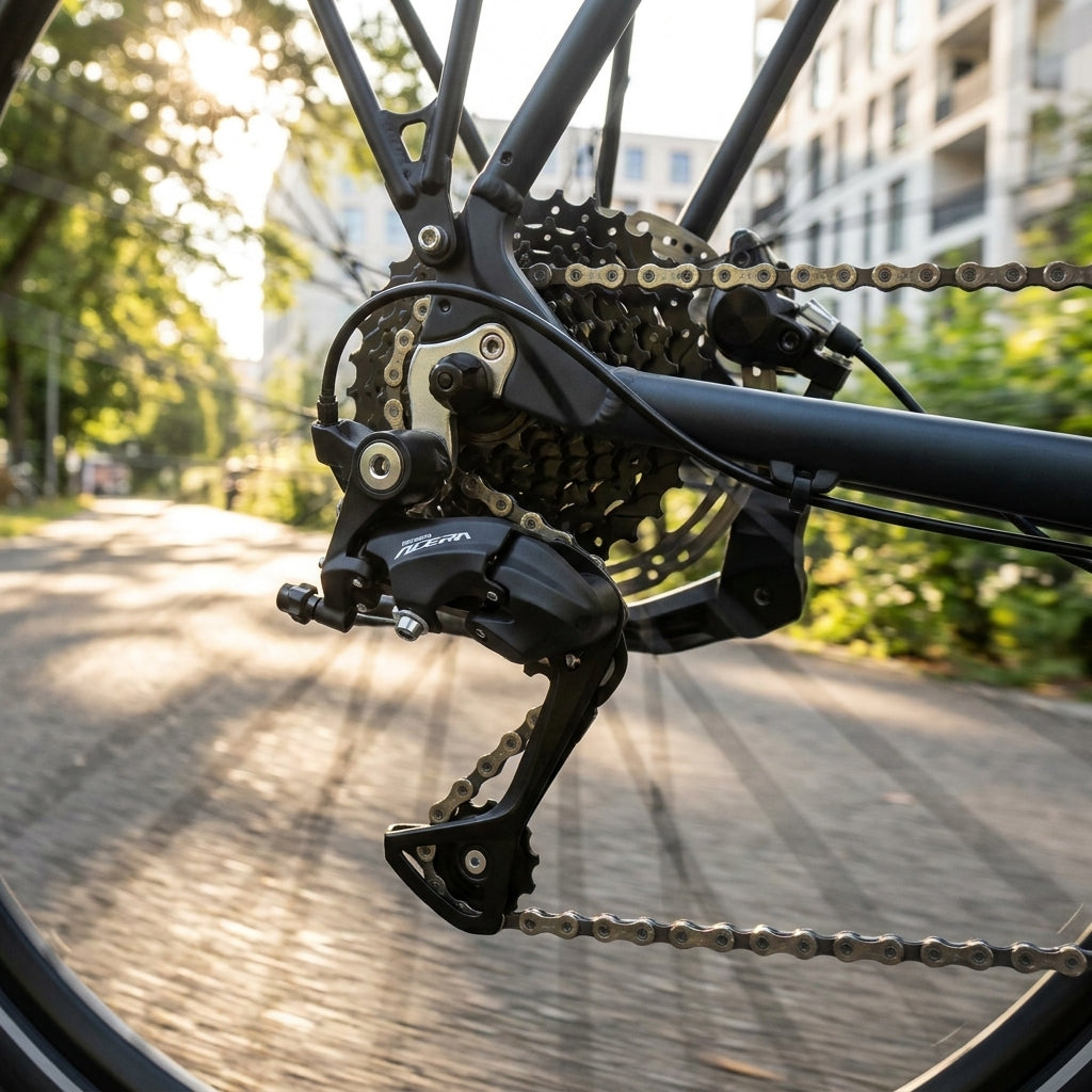 SHIMANO ACERA Schaltwerk RD-T3000 SGS 9-fach schwarz am Trekkingrad, Detailansicht in Bewegung auf einem Weg.