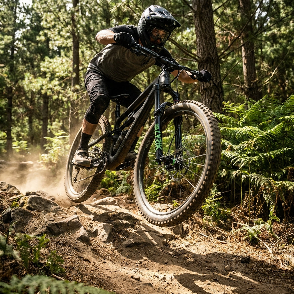 Rockshox Lyrik Ultimate Federgabel in Aktion auf einem Enduro Mountainbike. Hochleistungs-Federung für maximale Trail-Kontrolle.
