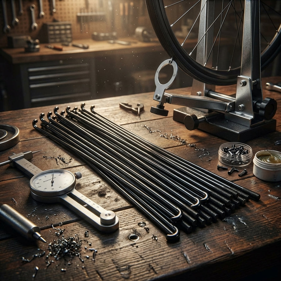 cnSpoke STD14C 100 schwarze Edelstahl-Fahrradspeichen 292mm Ø2,0mm auf Werkbank mit Laufrad und Werkzeug