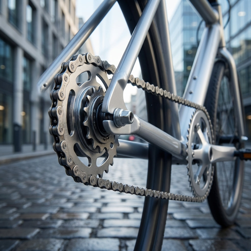 SHIMANO NEXUS CN-NX10 Fahrradkette an einer Nabenschaltung montiert, Nahaufnahme des Antriebs am Hinterrad.