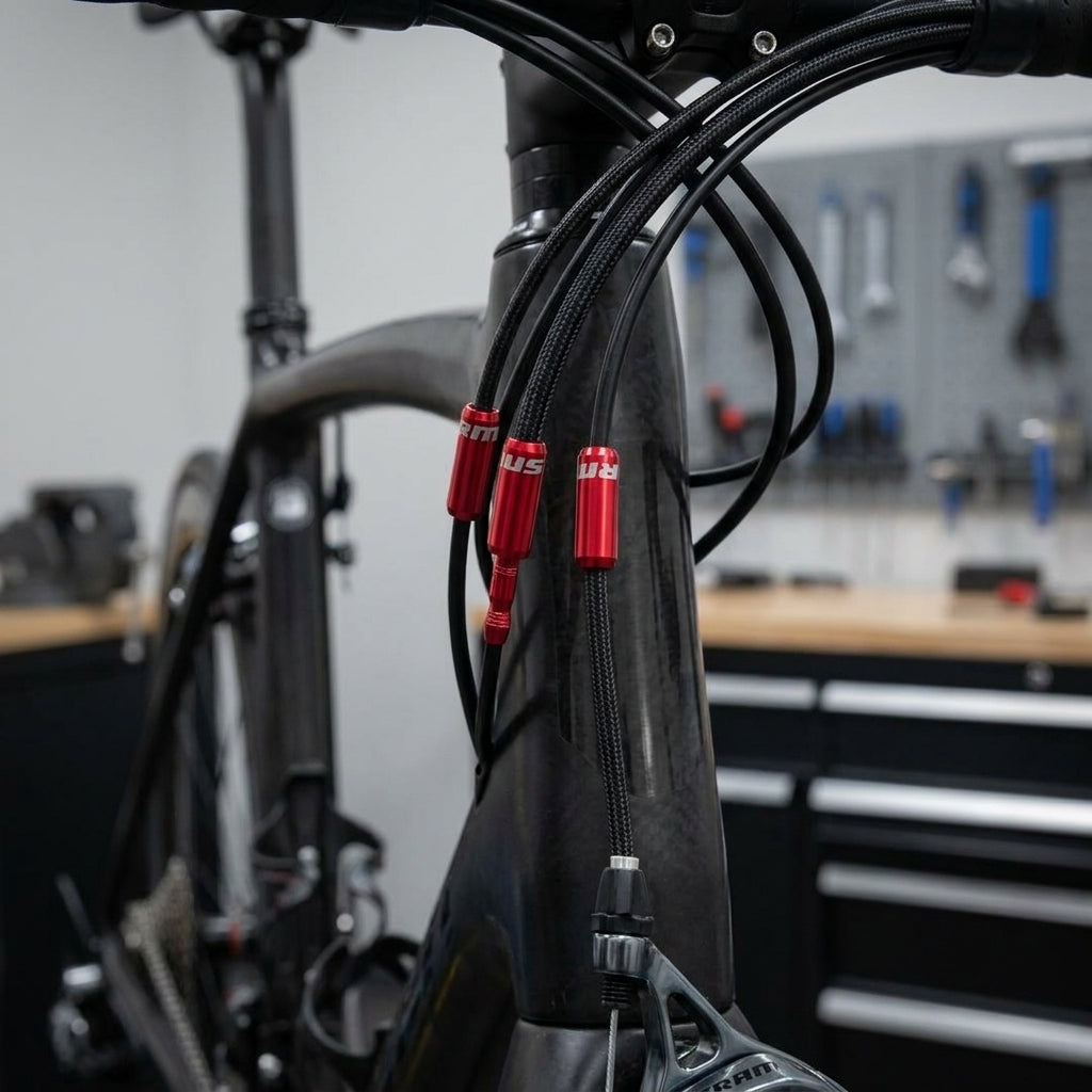Rote SRAM Kabelenden auf schwarzen Fahrradzügen an einem Carbonrad für saubere Zugführung und Schutz.