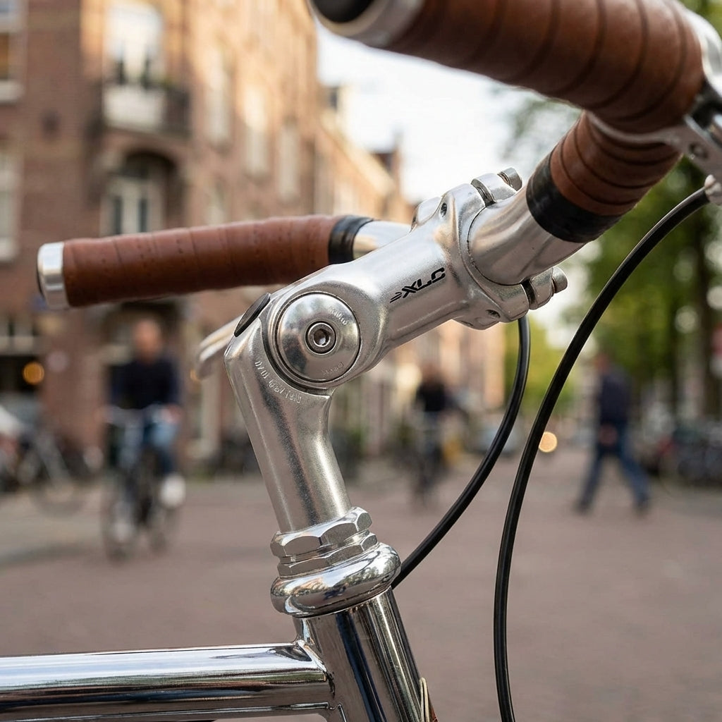 XLC ST-T02 Alu Vorbau silber Ø 22,2mm für 1" Gabel 80mm am Fahrrad mit braunen Ledergriffen.