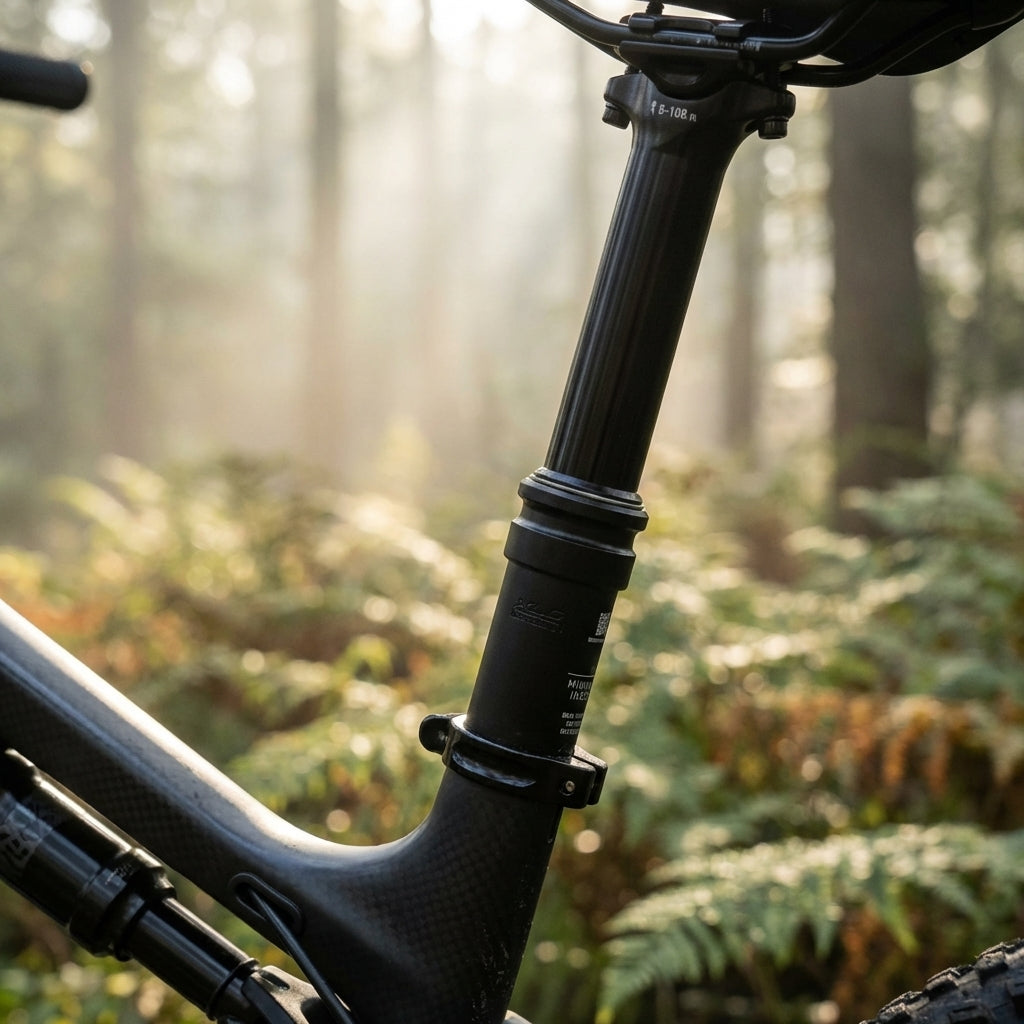 XLC SP-S14 Dropper Post am MTB im Wald. Schwarze absenkbare Sattelstütze Ø31,6mm, 120mm Hub, interne Zugführung.