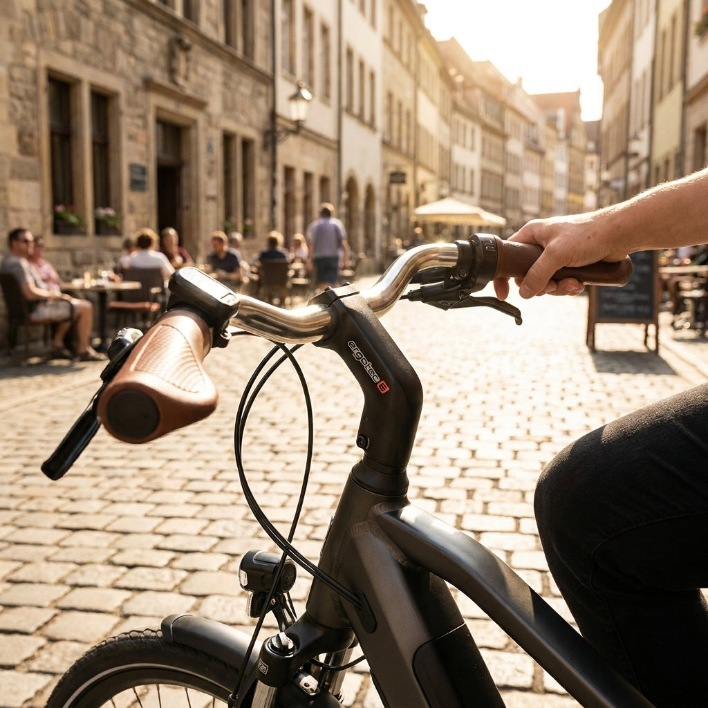 Ergotec Vorbau High Barracuda am Fahrradlenker, Hand hält Griff, Radfahrer auf Kopfsteinpflaster in Stadt.