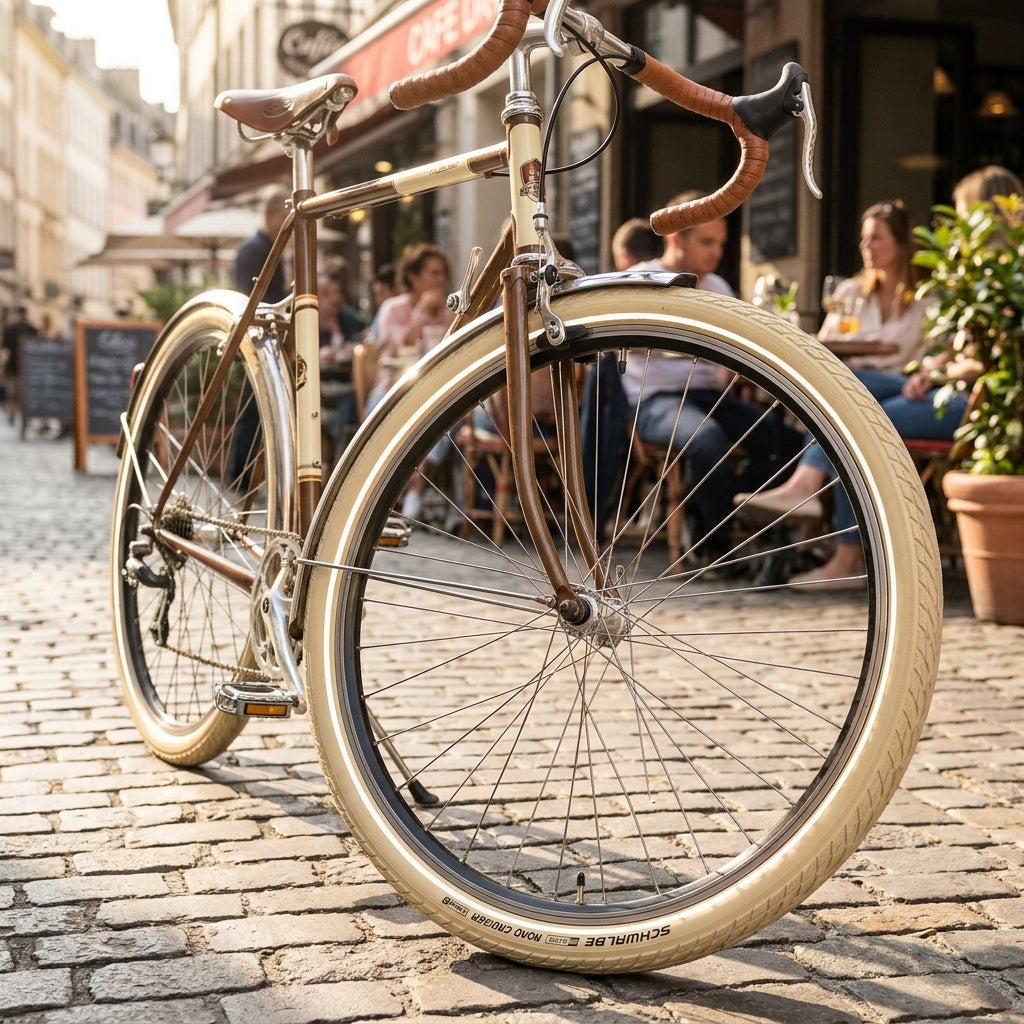 Cremefarbene Schwalbe ROAD CRUISER Reifen am Fahrrad auf Kopfsteinpflaster vor Café.