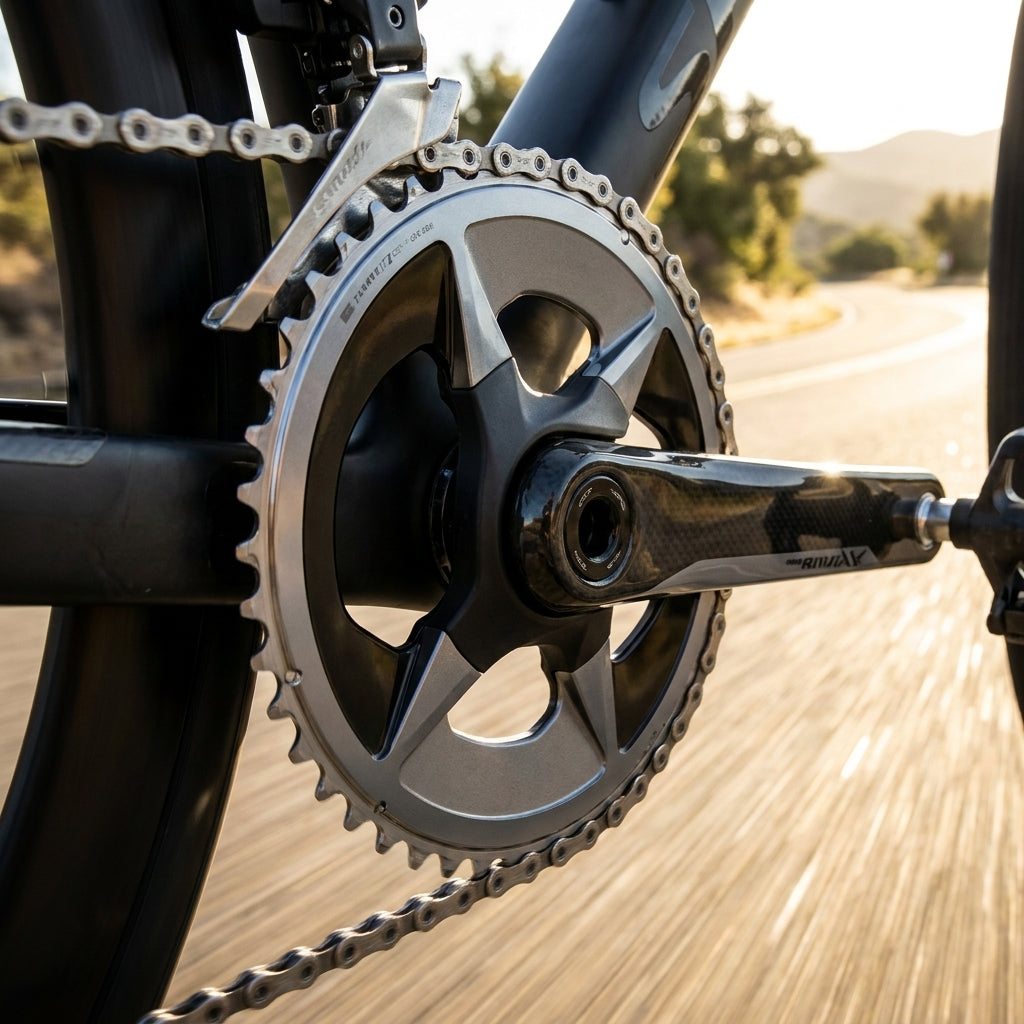 SRAM Rival AXS 48T Kettenblatt am Rennrad mit Kurbel, Kette und Umwerfer auf der Straße.