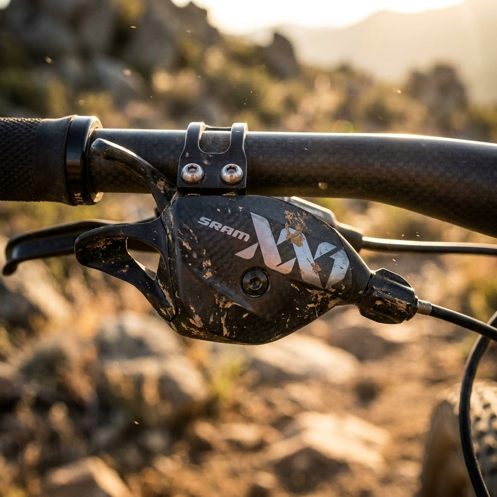 SRAM Trigger XX1 Eagle 12-fach hinten Schalthebel schwarz auf Carbon-Lenker, schmutzig vom MTB-Trail.
