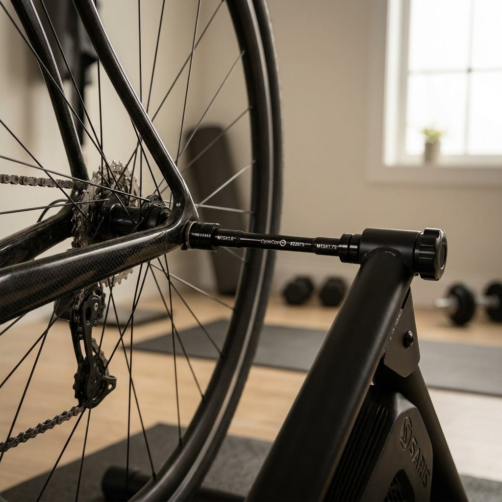 Saris Steckachse für Heimtrainer. Kompatibel mit 142x12mm und 148x12mm Fahrrädern. Sicheres Indoor-Training, einfache Montage.