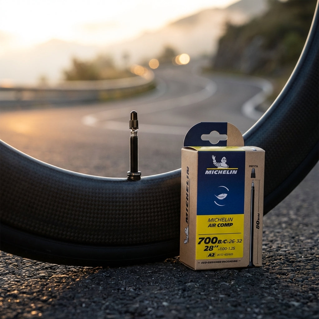 Michelin A2 Air Comp 28" 26/32-622 SV 80 mm Schlauch neben Carbonfelge auf einer asphaltierten Straße.