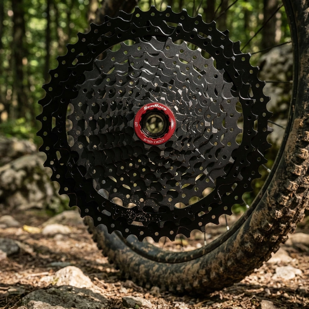 SunRace CSMX9X 11s Kassette 10-42 Zähne für MTB Sram XD auf Hinterrad auf einem Waldweg.