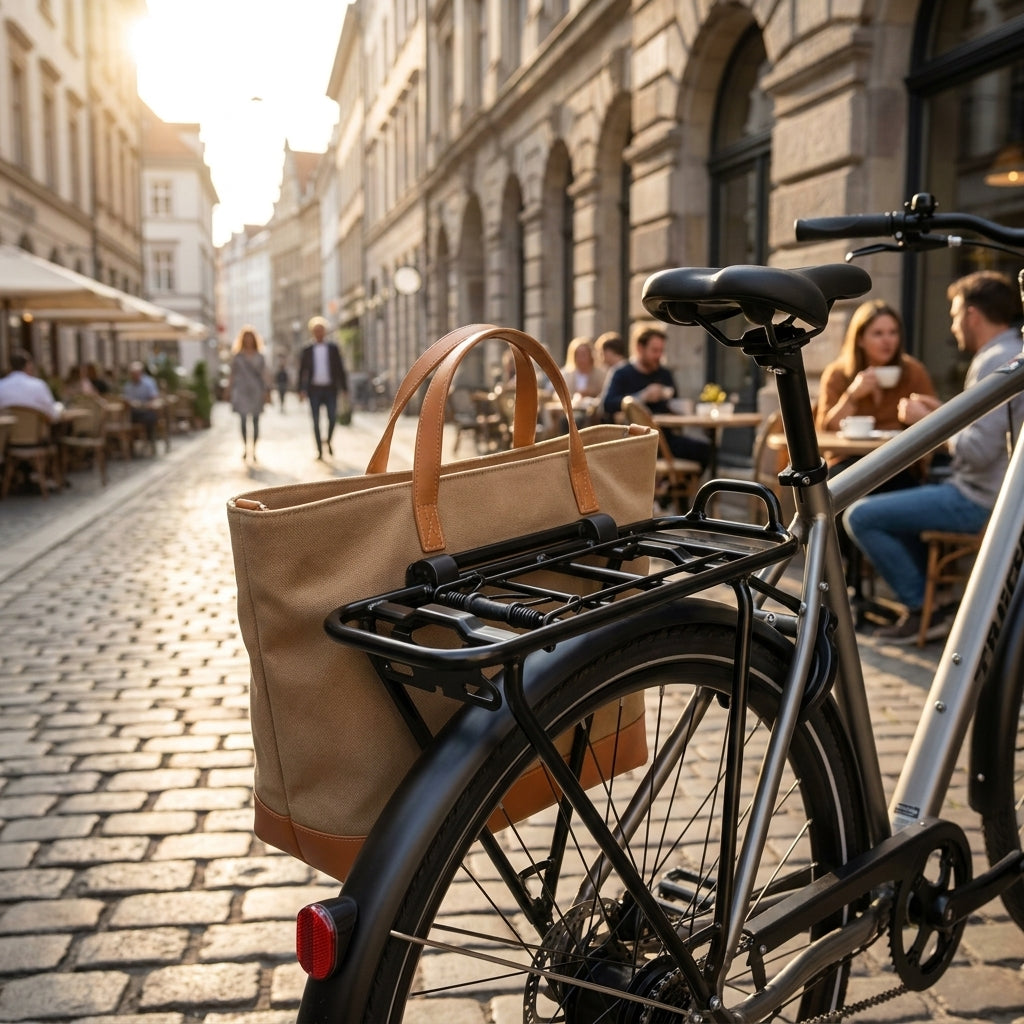 AtranVelo City Gepäckträger Alu schwarz mit AVS-System und Tasche am Fahrrad, 25 kg Traglast, auf Kopfsteinpflaster.