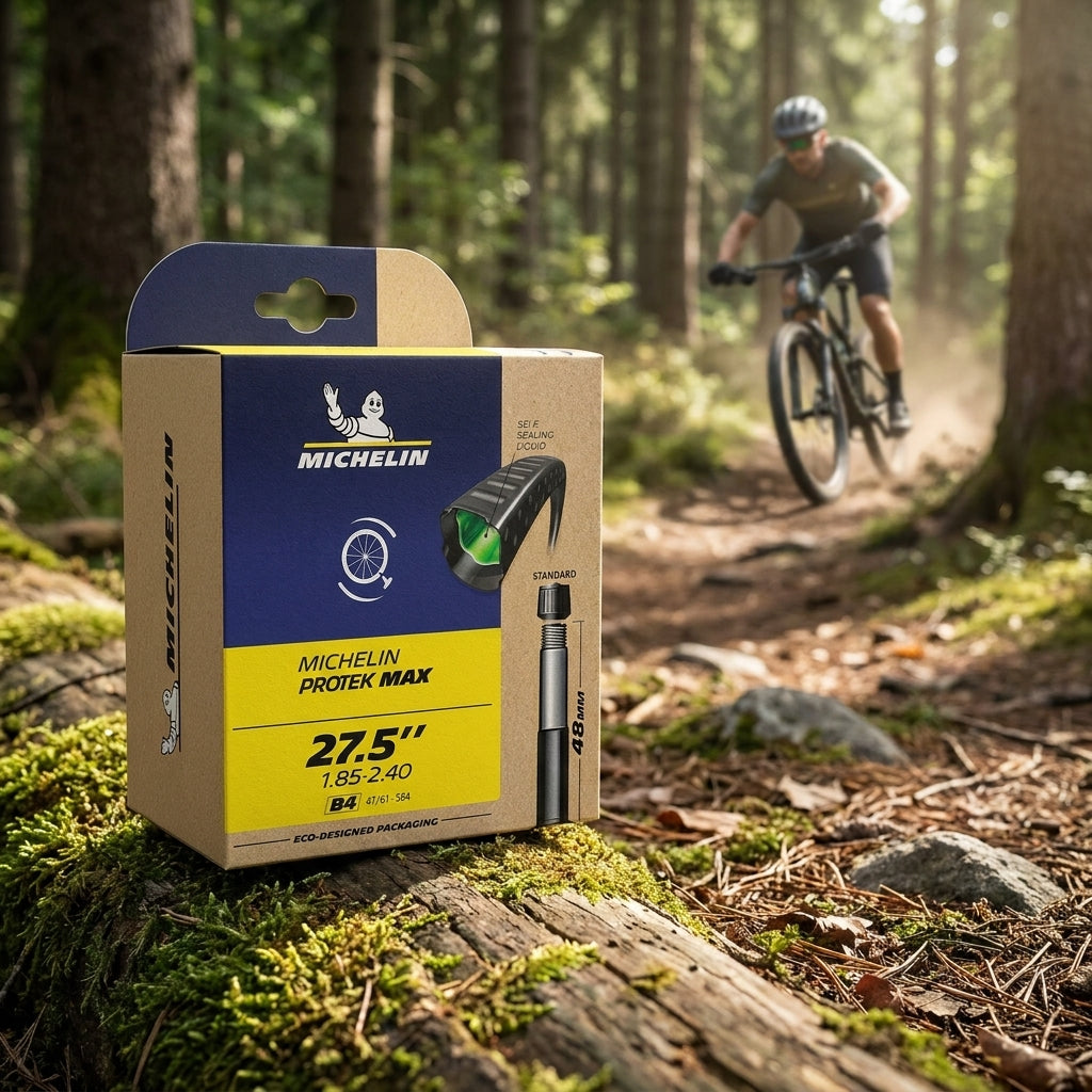 Michelin Protek Max 27.5" selbstversiegelnder Fahrradschlauch AV 48mm für Mountainbikes in Waldumgebung.