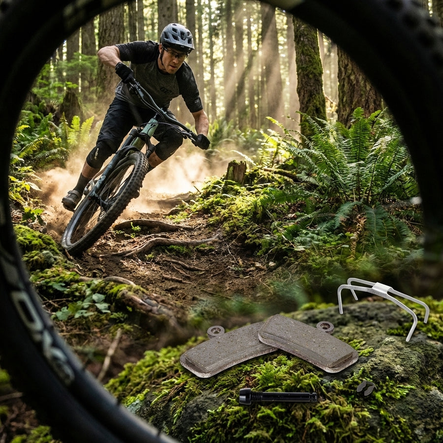 SRAM Scheibenbremsbeläge Trail/Guide organisch/Stahl Powerful, im Vordergrund, mit Mountainbiker auf Waldtrail.
