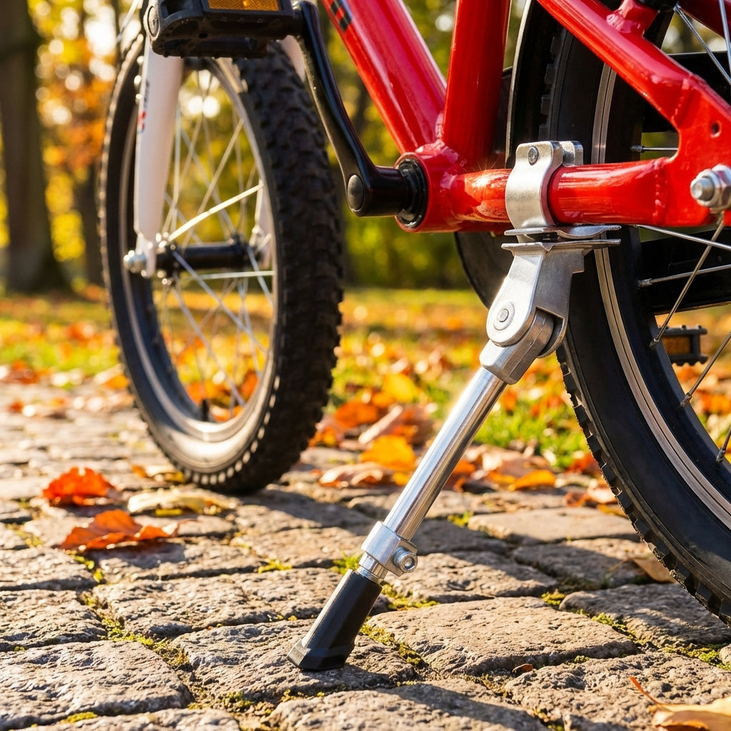 Messingschlager Seitenstütze 430840 am roten Fahrrad, 12-20 Zoll einstellbar, auf Kopfsteinpflaster im Herbst.