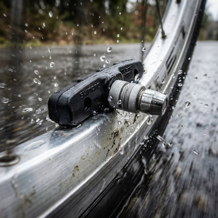 SHIMANO M70T3 Bremsschuh auf Alufelge mit spritzendem Wasser. Cartridge-Bremsbelag für Alu-Bremsflanken bei Nässe.