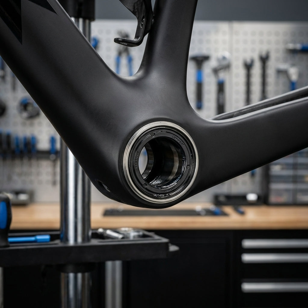 SRAM DUB Pressfit Rennrad Innenlager 86,5 mm im mattschwarzen Fahrradrahmen auf Montageständer in Werkstatt.