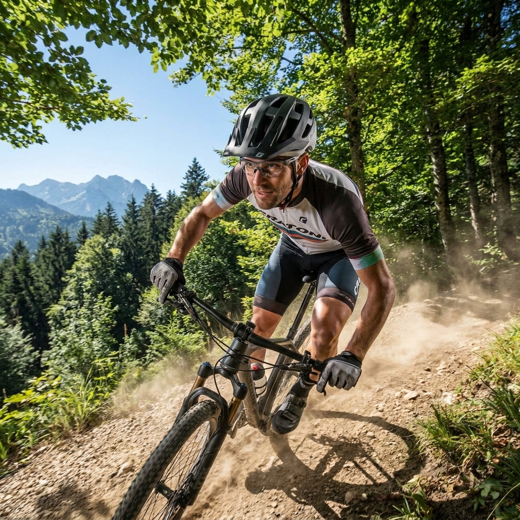 Mountainbiker mit Cratoni AllRace MTB Helm anthrazit weißmatt auf staubigem Trail.