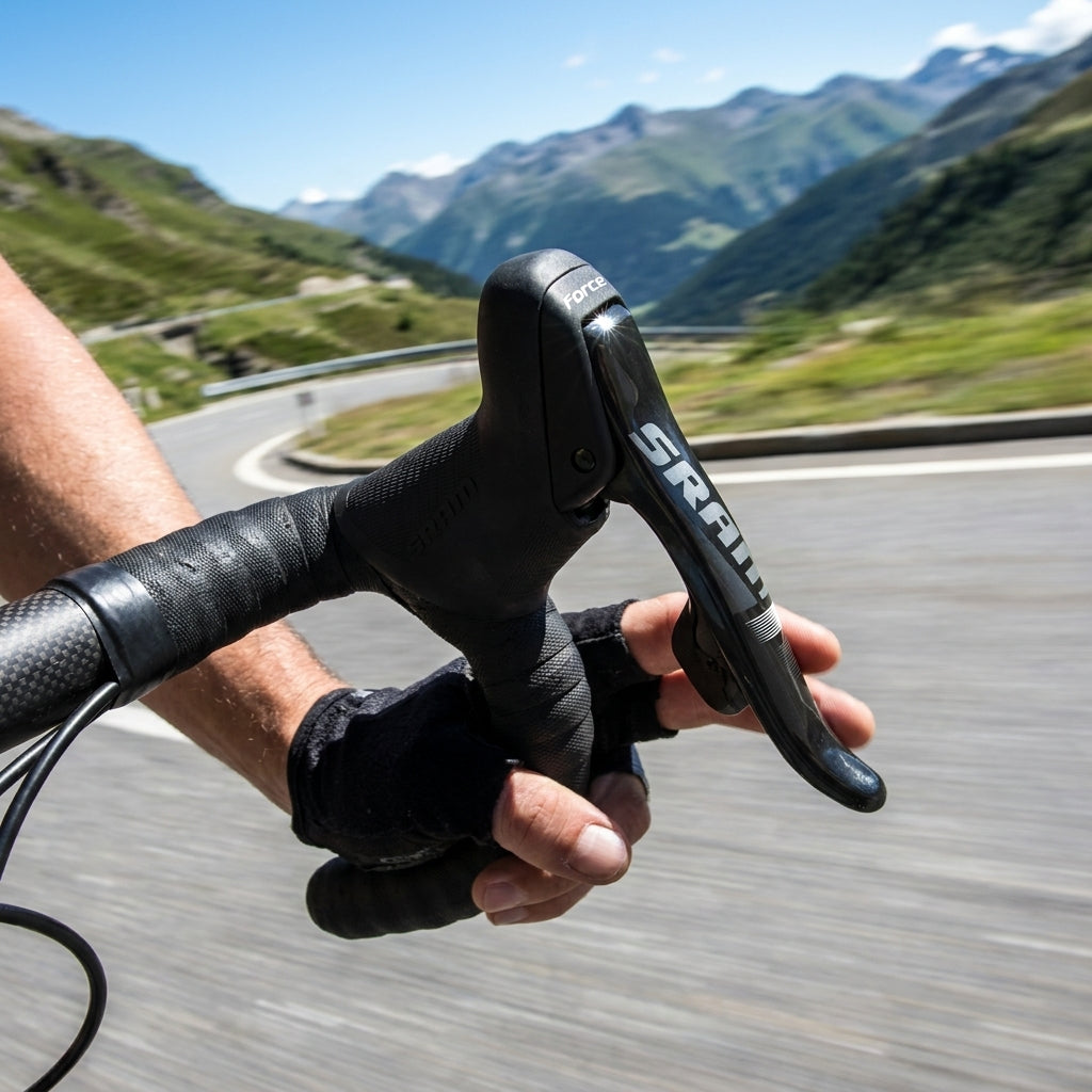 SRAM Force 22 DoubleTap Schalt-/Bremshebel am Rennradgriff eines Fahrers auf kurviger Bergstraße.