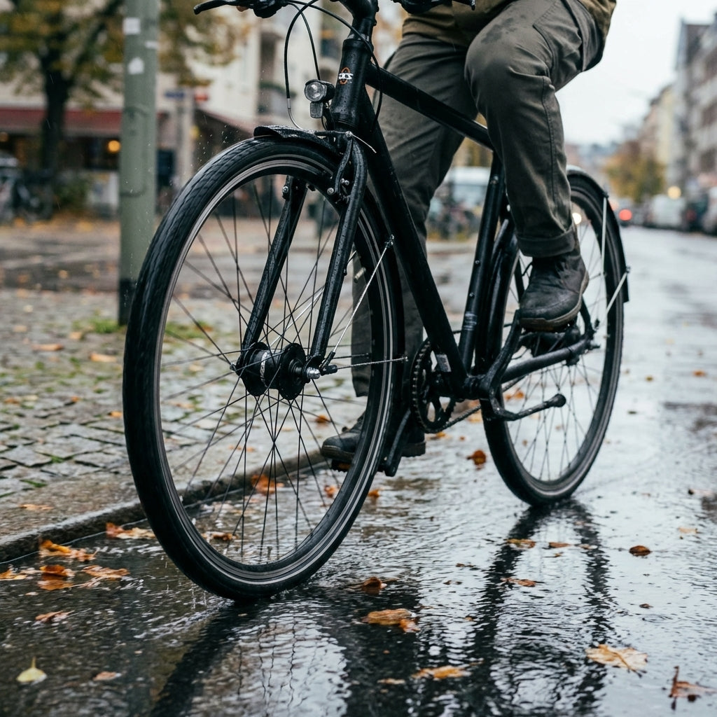 SKS Bluemels Basic 28" Schutzblech-Set 45mm schwarz am Fahrrad auf nasser Herbststraße.
