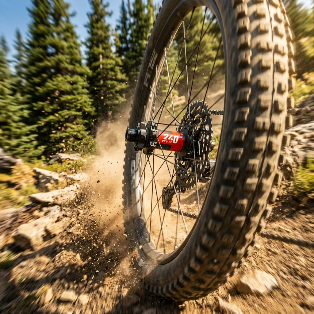 DT Swiss 240 EXP Straightpull MTB Hinterradnabe schwarz am Mountainbike auf Trail, wirbelt Staub auf. Leicht, Super Boost.