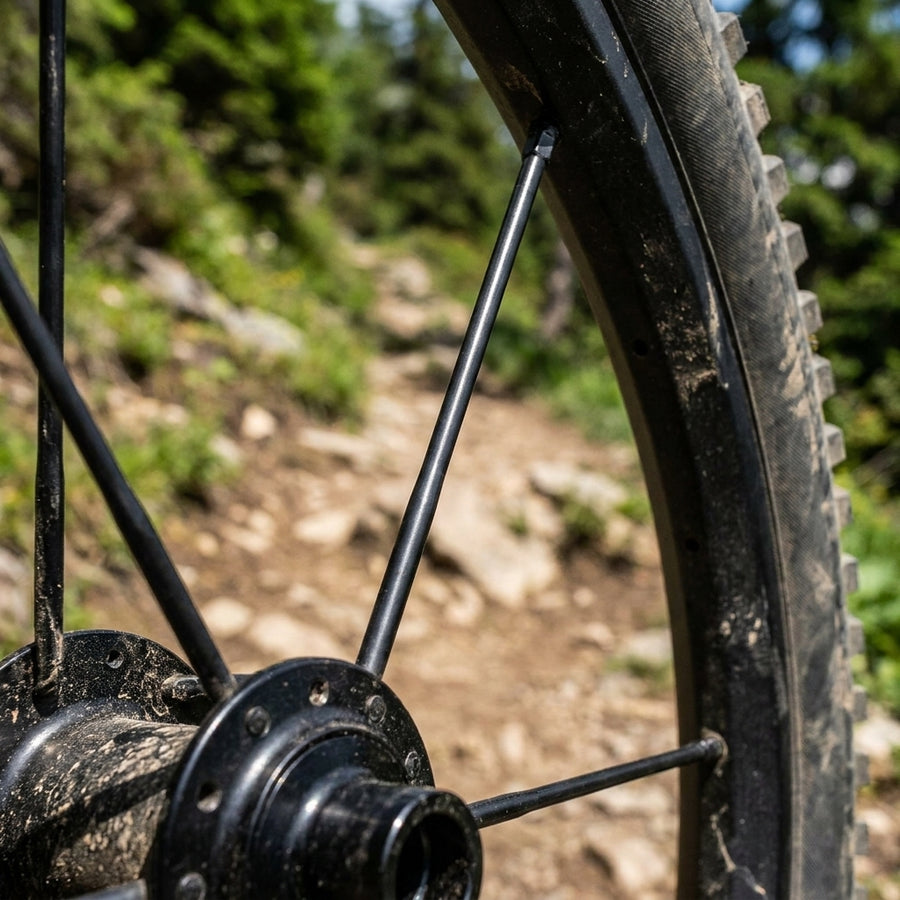 DT Swiss Alpine III E-Bike/Tandem-Speiche schwarz am Mountainbike-Rad auf Schotterweg.