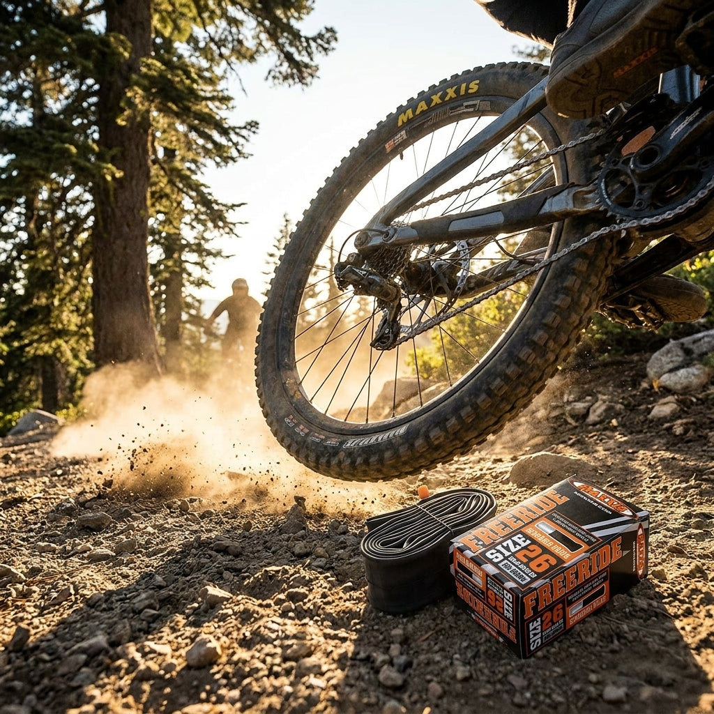 Maxxis Freeride/DH 26" Fahrradschlauch (verpackt & offen) vor Mountainbike, Staub aufwirbelnd.